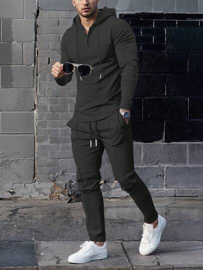 2 Pieces Men's Casual Outfit Set - Breathable Solid Color Hooded Sweatshirt And Drawstring Pants, Comfy Sports Wear For Everyday Activities, Fall Clothes