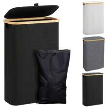 Cesto de ropa estrecho con tapa, de 65L, cesta de ropa con asas de bambú, cesto alto y delgado plegable para dormitorio, baño, dormitorio universitario, lavandería