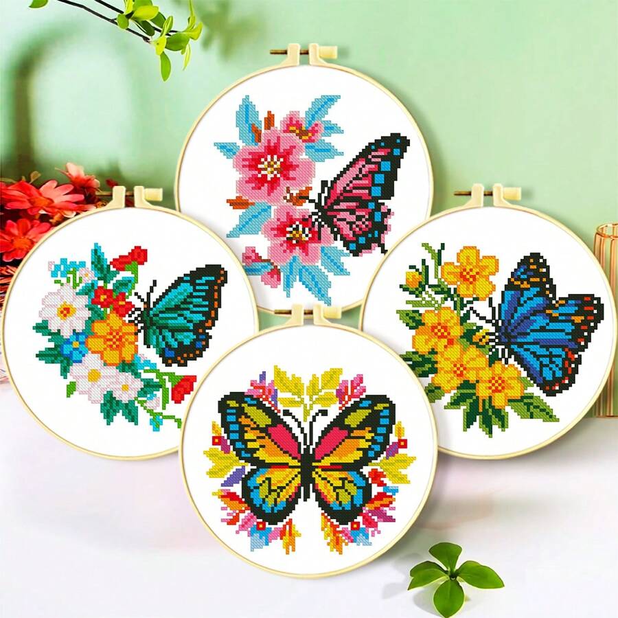 1 Bộ dụng cụ thêu chữ thập in sẵn, Loạt phim hoạt hình động vật và thực vật, Loạt phim hoạt hình hoa và bướm, Vải 11CT, Chỉ 3 sợi, Thêu tự làm cho người mới bắt đầu, Thích hợp để trang trí tường nhà, Quà tặng cho ngày lễ