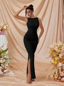 Vestito da donna con spalle scoperte, spacco laterale, aderente, da cocktail, per feste formali serali