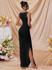 Vestito da donna con spalle scoperte, spacco laterale, aderente, da cocktail, per feste formali serali