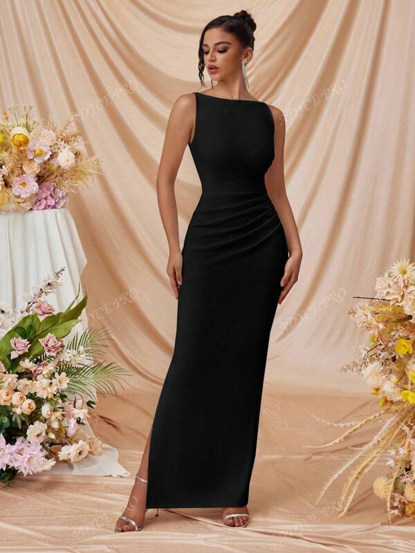 Vestito da donna con spalle scoperte, spacco laterale, aderente, da cocktail, per feste formali serali