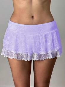 Women's Summer Low Waist Lace Ruffled Solid Color Skirt With Lined Shorts  Soft Flowy For Daily Date Vacation - 紫色 - 查看 3