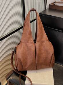 KVKY 新款复古风格褶皱设计纯色软皮手提包女士多口袋单肩流浪包大容量多层斜挎包，适合上班通勤、购物、旅行 - 棕色 - 查看 3