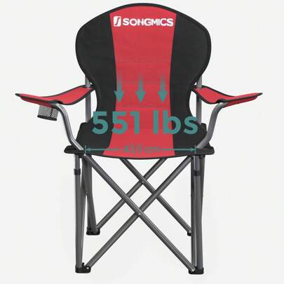  SONGMICS Silla Camping Plegable, con Cómodo Asiento de Esponja, Portavasos, Estructura de Alta Resistencia, Capacidad de Carga Máxima 250 kg, Silla para Exterior, Rojo