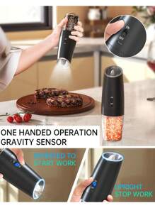 CLITON 重力电动盐胡椒研磨机 - 选择 2 套或单台 | USB 充电式厨房电动研磨机，带可调节研磨度和 LED 灯 | 高脚玻璃杯，可再填充 | 自动操作（USB 充电/电池供电）| 可调节粗细度 | 黑色