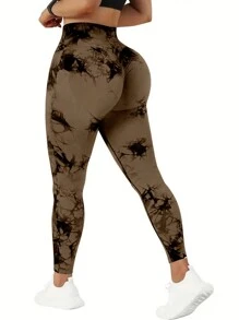 QGU 5-Pack High Waist Tummy Control Yoga Pants For Women, Summer Tie.Dye Fitness Leggings, Stretchy Running Peach Lift Workout Tights,Assorted Colors - 淡紫+亞麻色+深紅+橘色+灰色 - 查看 4
