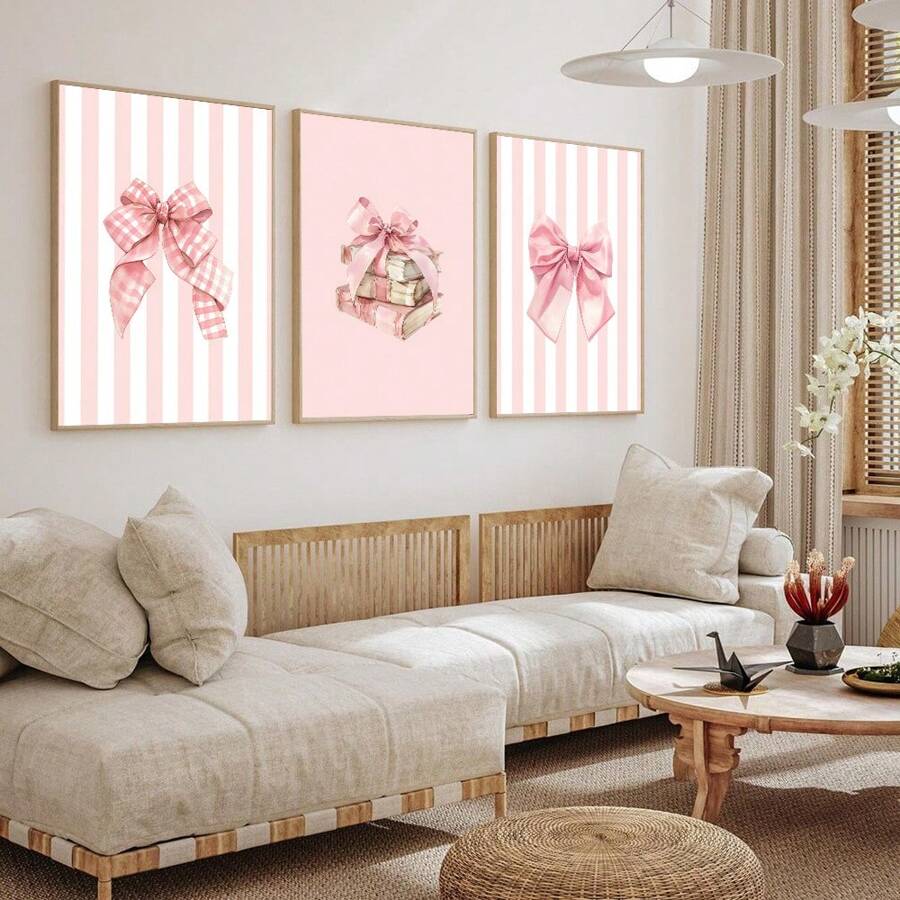3-Piece Set Frameless Bow Print Pink Preppy Room Decor Girly Bow Wall Art Fashion Dormitory Posters Three Book Lover Art Girl Bedroom Posters
