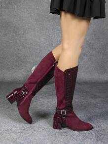 Women's Plain Buckle Zip Up Stylish Over The Knee High Heel Boots, Suitable For Autumn And Winter - Burgundy - View 3