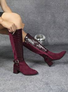 Women's Plain Buckle Zip Up Stylish Over The Knee High Heel Boots, Suitable For Autumn And Winter - Burgundy - View 1