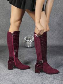 Women's Plain Buckle Zip Up Stylish Over The Knee High Heel Boots, Suitable For Autumn And Winter - Burgundy - View 2