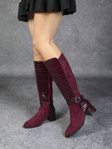 Women's Plain Buckle Zip Up Stylish Over The Knee High Heel Boots, Suitable For Autumn And Winter - Burgundy - View 5