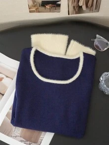 1件女款優雅修身拼色短版毛衣，U領長袖保暖內裡，適合秋冬穿著 - 藏青色 - 查看 6