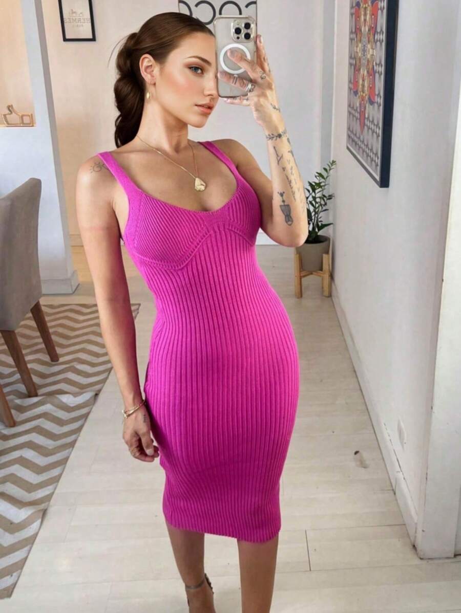 Midi Dress With Ribbed Straps, Modal Line, Party Fashion - 玫瑰紅 - 查看 1