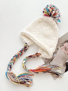 1pc Kids Tassel Braid Knitted Cap, Cute Ear Warmer Princess Beanie Hats For Boys And Girls, Autumn/Winter