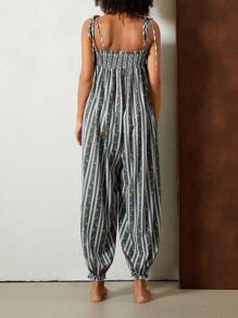 Women Boho Floral Loose Overalls Retro Sleeveless Tie Up Boat Neck Ruched Spaghetti Strap One  Piece Cami Jumpsuit Baggy Long Romper Playsuit Hippie Pants Summer Beach Vacation Bohemian Clothes - Màu xanh lam - Xem 8
