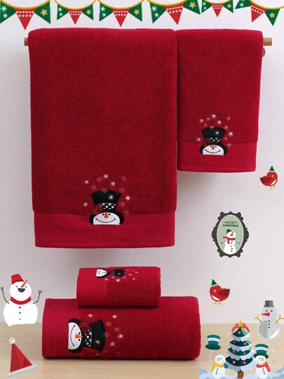 QIBHI 3/2/1 pezzo Cappello da Babbo Natale ricamato a pupazzo di neve, 1 pezzo Asciugamano da bagno o da mano, Regalo di Natale, Asciugamano/Accappatoio per coppia, Asciugamani da doccia decorativi natalizi per salone di bellezza, hotel, sport, essenziali per la casa, asciugamano, telo da bagno per la cura della pelle