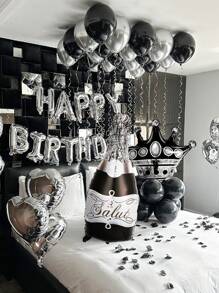 49 件银色和黑色生日快乐气球装饰套装，包括生日快乐横幅、瓶子、皇冠、心形气球，适用于银色和黑色主题生日派对、婚礼、周年纪念、毕业典礼、新年、情人节、拍照亭背景、男士和女士银色生日快乐派对装饰 - 彩色 - 查看 2