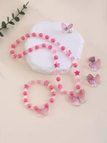 5pcs/Set Kids Pink Butterfly Bead Necklace, Earrings, Ring Set