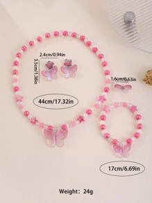 5pcs/Set Kids Pink Butterfly Bead Necklace, Earrings, Ring Set