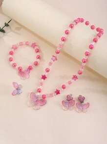 5pcs/Set Kids Pink Butterfly Bead Necklace, Earrings, Ring Set