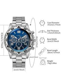 4pcs Set: Men's Business Casual Steel Strap 3-Eye Numeric Scale Large Dial Quartz Wrist Watch + Bracelet