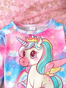 2pcs/Set Girls Cute Cartoon Colorful Little Pony Print Round Neck Long Sleeve Sweatshirt + Spliced Long Pants Casual Stylish Outfits