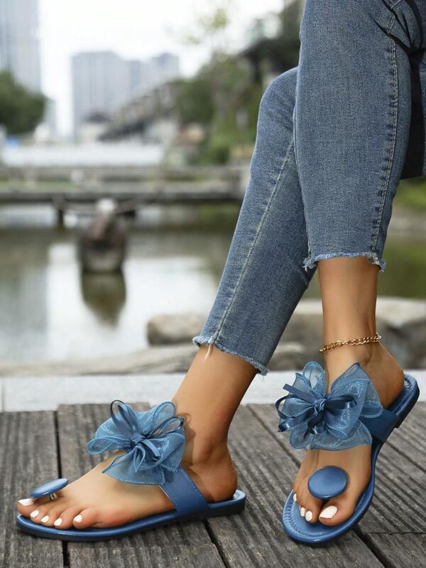 Damen elegante Schleifen Mode Runde Schnalle Gleitschuhe, leicht & bequem für Sommerurlaub, Einkaufen, Dates, Partys, Zuhause usw., rutschfest, flache Strand Outdoor Sandalen