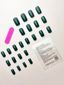 24 件/套极简主义深绿色中长矩形日常浪漫全覆盖按压式假指甲，含 1 件果冻凝胶和 1 件指甲锉，适合女士和女孩参加派对、约会和日常佩戴美甲用品 - 墨綠色 - 查看 2