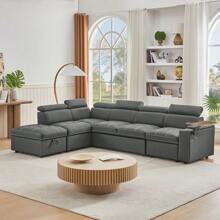 Grey Fabric Sectional Sofa With Storage Ottoman,DreamDecor