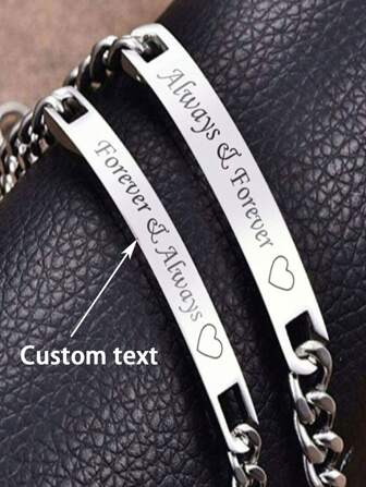 1 Customized Carved Stainless Steel Name Bracelet With Personalized ID And Date, Adjustable Chain