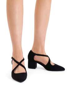 Women's Pointed Toe Low Chunky Heels Dress Pumps Cross Strap Block Heel Comfort Elegant Business Party Dance Wedding Shoes - màu đen - Xem 3