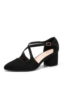Women's Pointed Toe Low Chunky Heels Dress Pumps Cross Strap Block Heel Comfort Elegant Business Party Dance Wedding Shoes - màu đen - Xem 4
