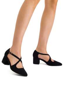 Women's Pointed Toe Low Chunky Heels Dress Pumps Cross Strap Block Heel Comfort Elegant Business Party Dance Wedding Shoes - màu đen - Xem 1