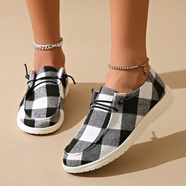 2024 Nova Moda Diária Casual Preto e Branco Xadrez Tênis, Sola Macia Confortável Sapatos Femininos