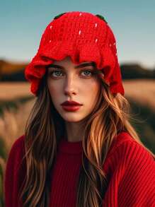 Cappello a secchiello lavorato a mano da donna con dettagli di fragola, cappello a secchiello in maglia floreale all'uncinetto, cappello a secchiello carino e traspirante adatto per primavera, estate, autunno e inverno con tesa piatta, ideale come regalo per compleanni e per il ritorno a scuola