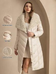 ZIAI Borg Collar Belted Padded Coat - Beige - View 1