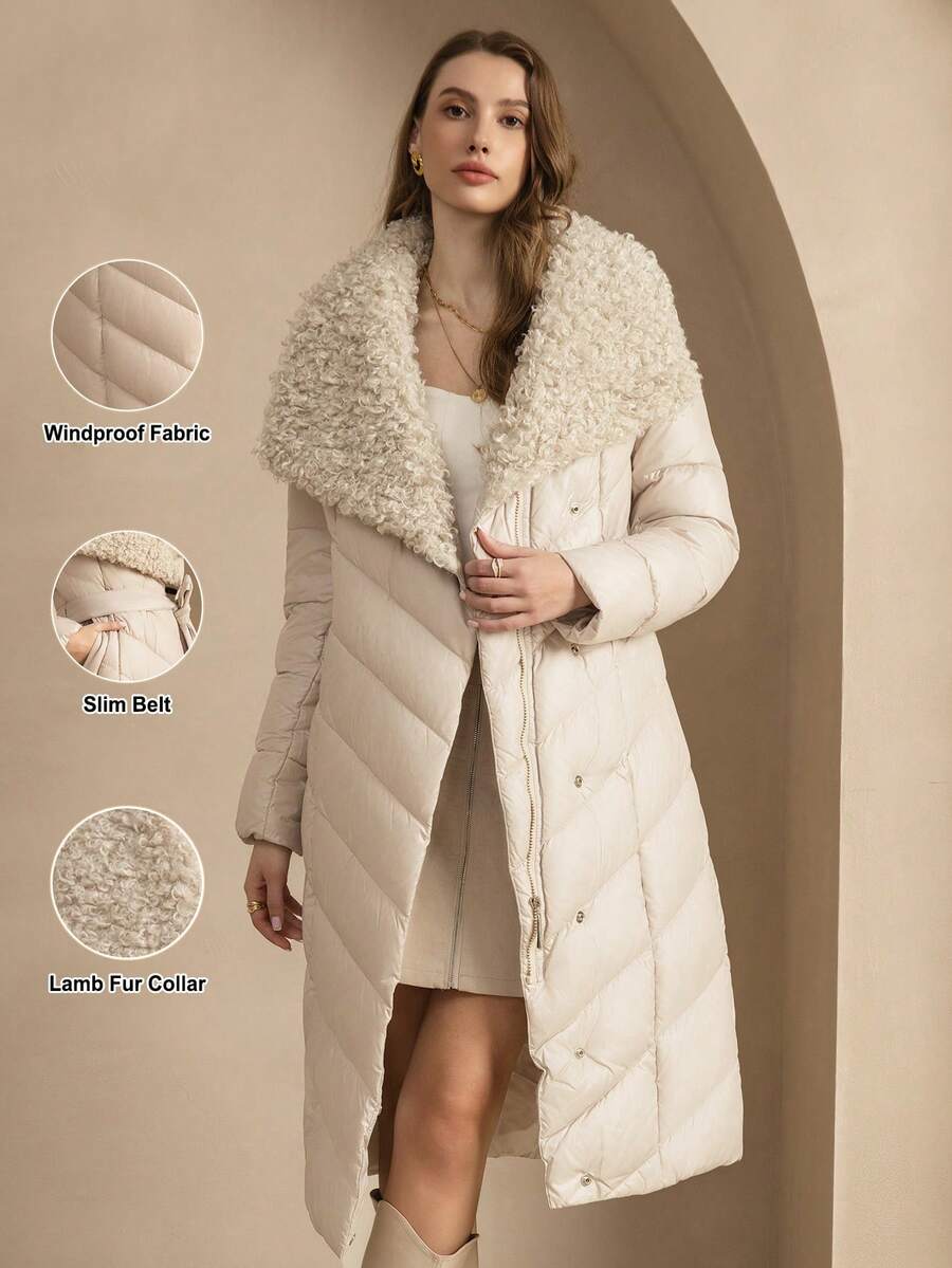 ZIAI Borg Collar Belted Padded Coat - Beige - View 1