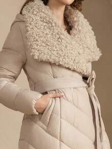 ZIAI Borg Collar Belted Padded Coat - Beige - View 7