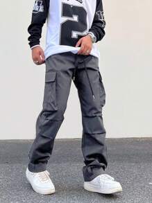Plus Size Men's Front Lace-Up Multi-Pocket Casual Cargo Pants - Dark Grey - View 5