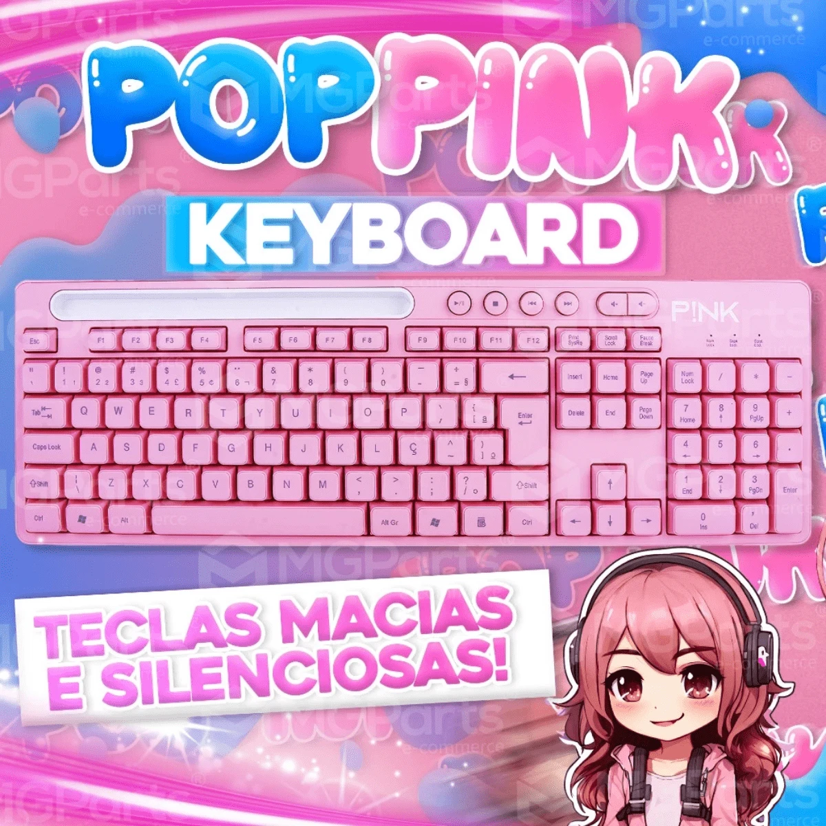Pink USB Keyboard Multimedia Semi-Mechanical Ergonomic With Cell Phone Holder Cute Girly Gift