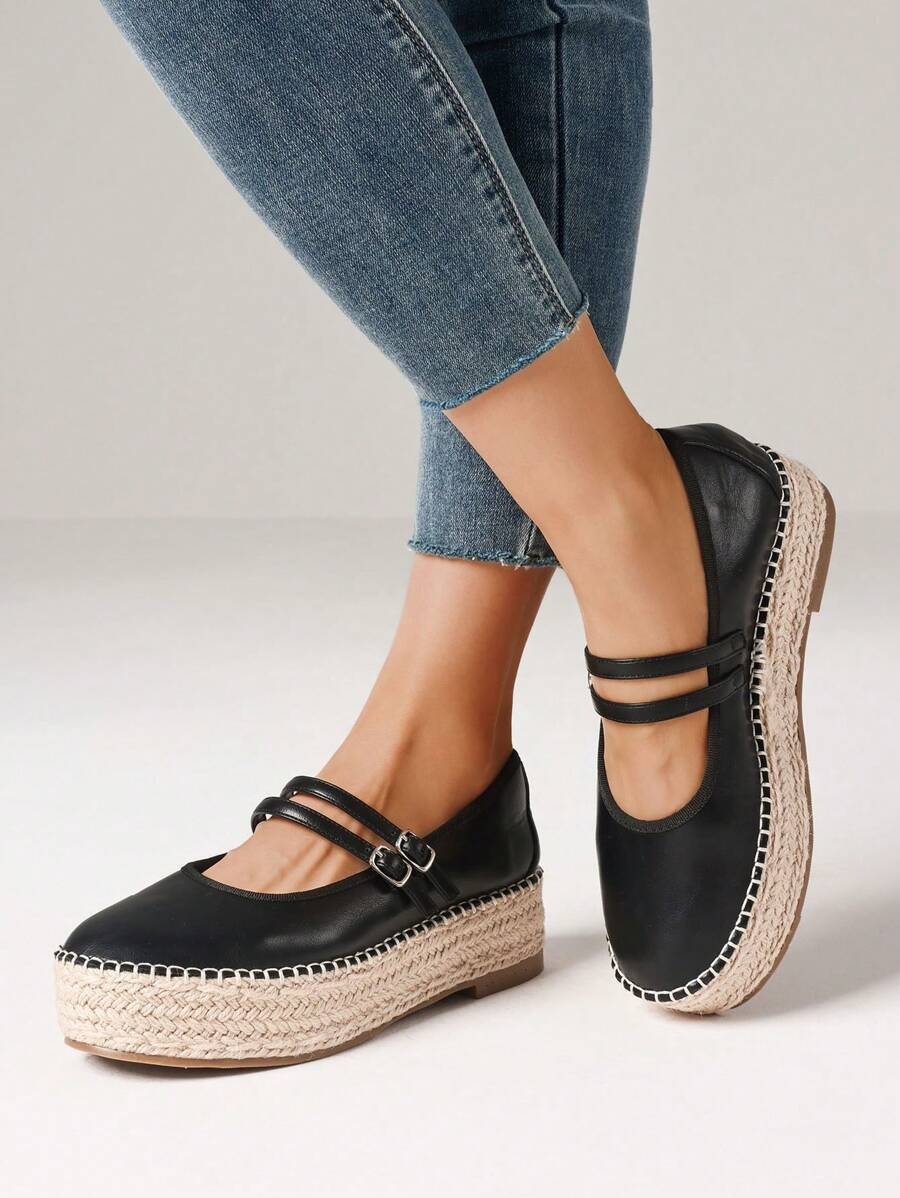 Espadrilles Mary Jane Flats For Women Fashion Buckle Round Toe Platform Wedges Heel Casual Comfortable Pumps Woman - 黑色 - 查看 1