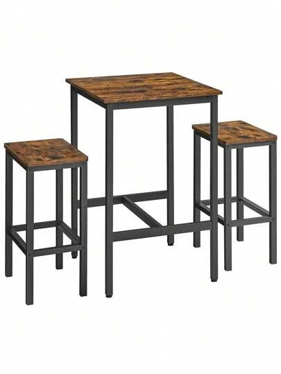  VASAGLE Mesa de Bar con 2 Bancos, Mesa Comedor con Sillas, Mesa Cocina Pequeña 60 x 60 x 90 cm, Cada Taburete Bar 30 x 40 x 65 cm, para Cocina, Comedor, Industrial, Marrón Rústico y Negro