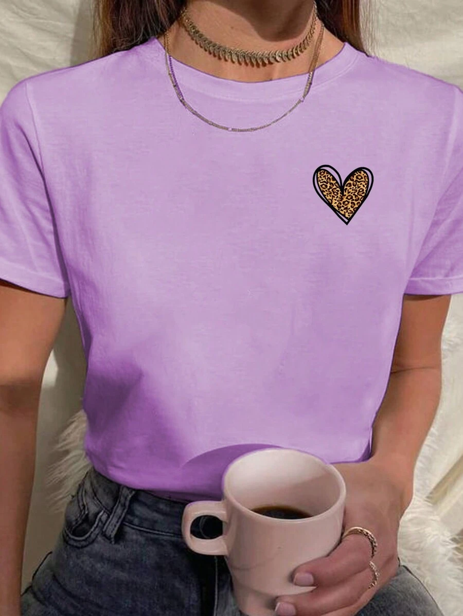 T-Shirt Blouse T Shirt Women's Baby Look Heart Leopard Print Streetwear 100% Cotton Teen Tumblr - 紫色 - 查看 1
