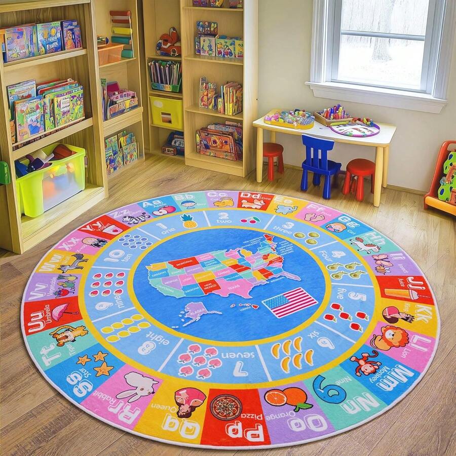Kids Playroom Rugs - Round ABC Alphabet, Numbers, Shapes And Map Educational Classroom Rug Learning & Fun Game Play Mat Preschool Kids Playmat For Todder Children Nursery - Abc Map-round - 查看 1