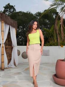 Women's Set Of Skirt + Cropped Two-Tone Green And Ecru Linen For Spring Summer - màu xanh lá - Xem 2