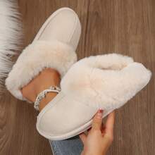 Women's Cozy Plush Fleece-Lined Slip-On Moccasins With Fluffy Detail - Non-Slip Winter Slippers With Platform Flat Sole - Beige - View 4
