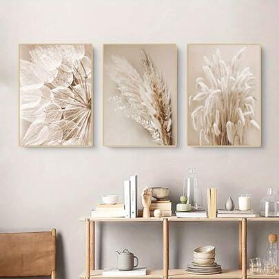 3 件现代波西米亚风格米色狗尾草和芦苇帆布墙画套装 - 无框，极简主义装饰，适用于客厅、卧室、浴室