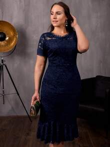 MIUSOL Cộng với váy ren hoa nàng tiên cá viền cocktail - Màu xanh hải quân - Xem 7