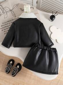 2pcs/Set Baby Girls Fashionable Lapel Jacket & Black Skirt Outfit, Autumn/Winter - Black - View 2